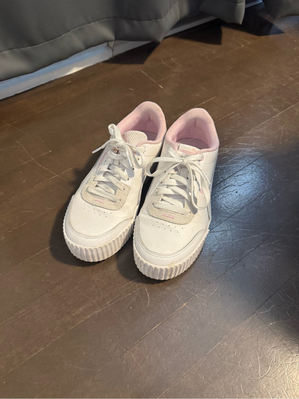 WILL CLEAN BEFORE SHIPPING White Platform Sneakers with Pink Lining